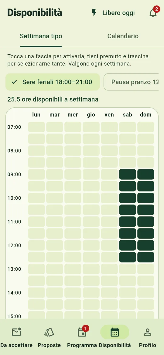 Schermata della disponibilità settimanale