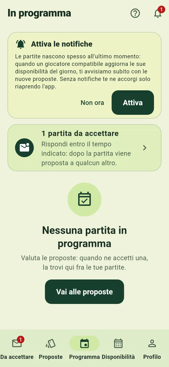 Schermata con le partite in programma